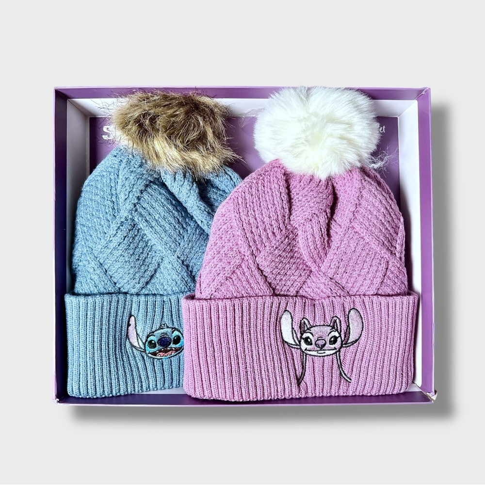 Disney Stitch Girls Soft Beanies Faux Fur Pom Minky Lining 2 pack